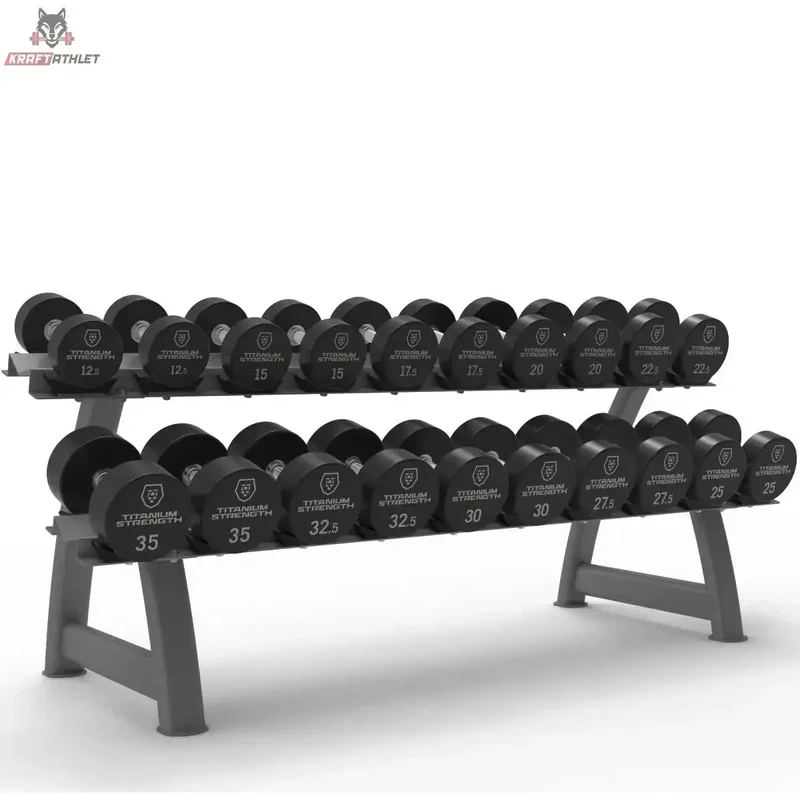 Titanium Strength Set aus runden Pro-PU-Hanteln 12,5–35 kg + Rack Titanium Strength
