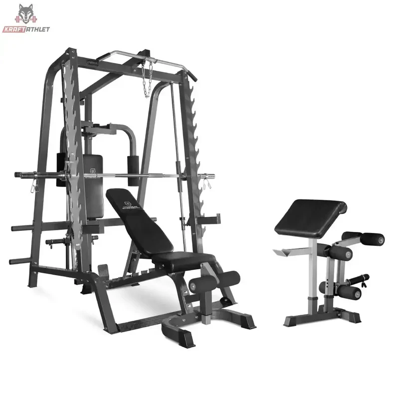 Smith Machine mit Kabelzug + Verstellbarer Bank 330BM mit Beinstrecker, Pec Dec und Scott Bench 160ST Titanium Strength