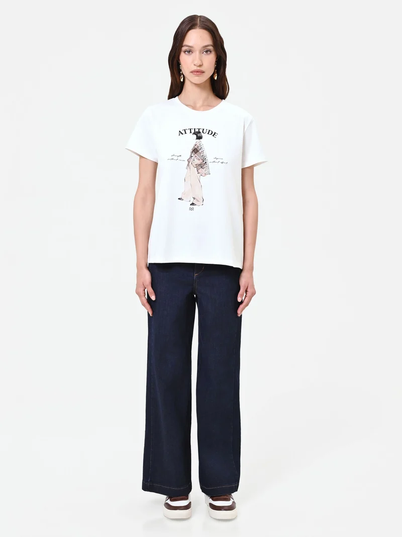 T-shirt panna con stampa grafica "Attitude"