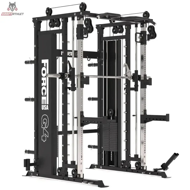 G4 All-In-One Trainer: Rack, Smith-Maschine und Doppelseilzug + 154 kg Gewichte Inklusive Force USA