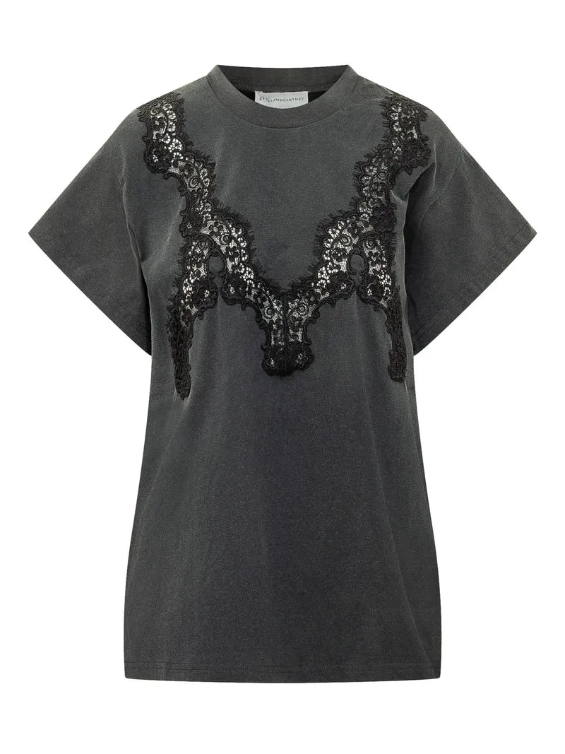 T-shirt con Inserto in Pizzo