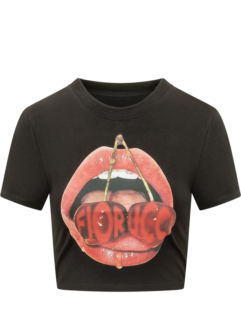 T-shirt Cropped con Stampa Grafica