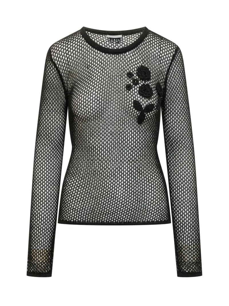 T-shirt a Maniche Lunghe in Mesh con Applicazioni Floreali