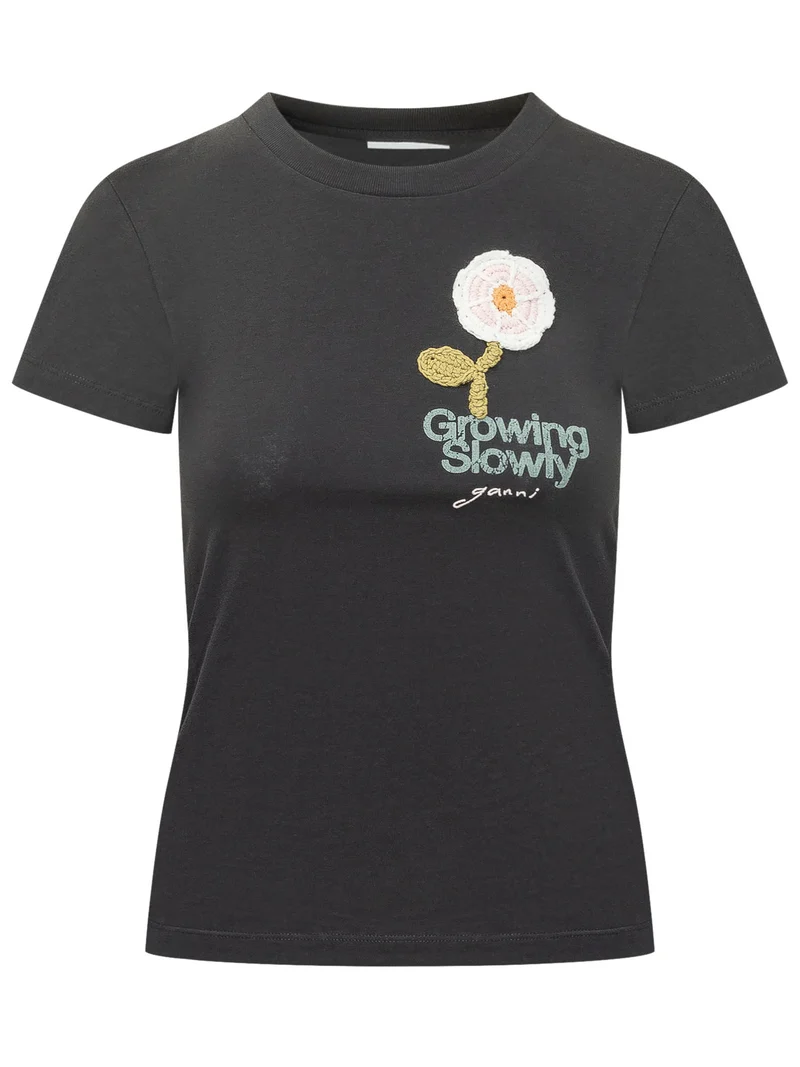 T-shirt con Ricamo Floreale e Stampa