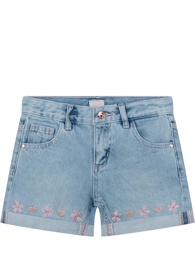 Shorts in Denim Rigido con Ricami Floreali