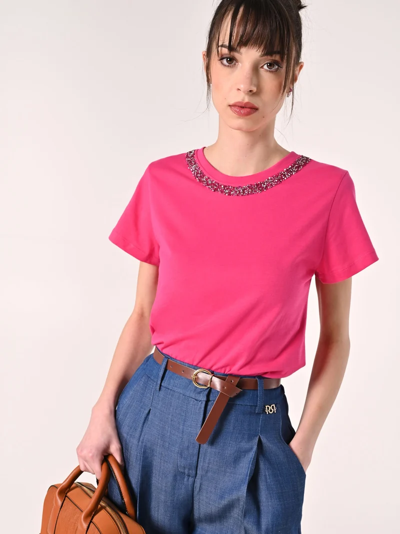 T-Shirt in Cotone Fuxia con Pietre