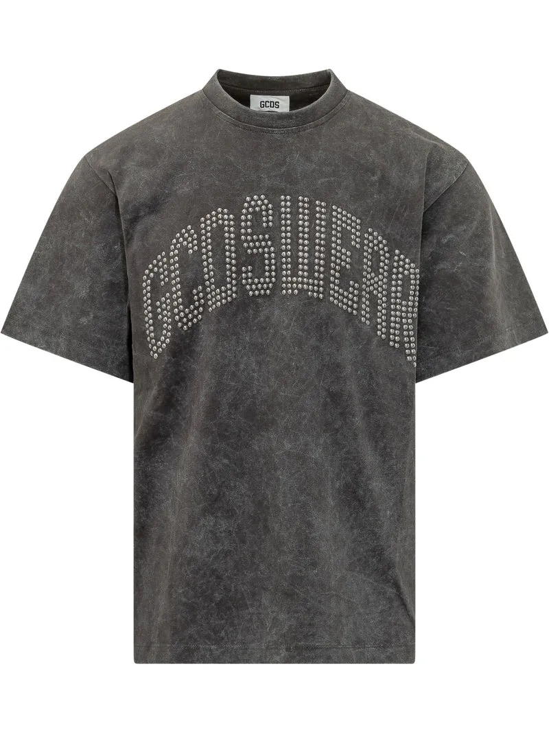 T-shirt Ampia con Lettering Borchiato