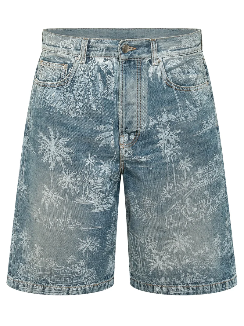 Chateau Denim Shorts con Stampa Paesaggio