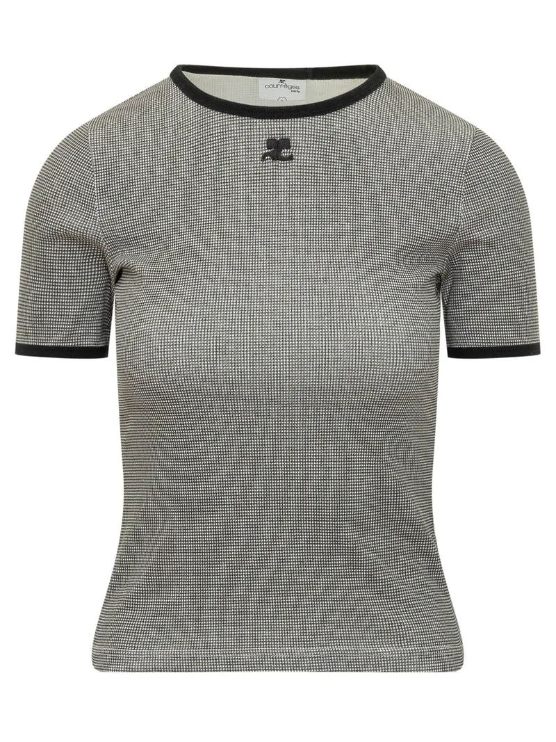 T-shirt Pied de Poule con Profili a Contrasto