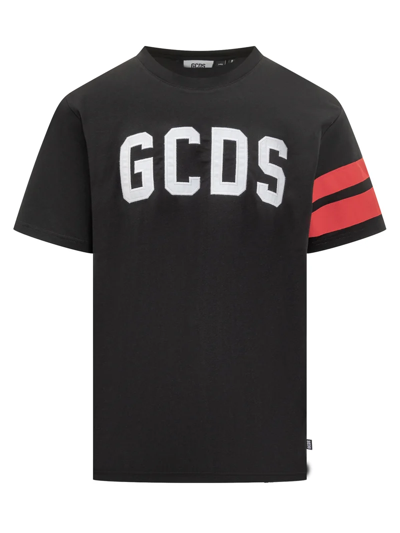 GCDS T-shirt Nera con Logo Bianco e Bande Rosse
