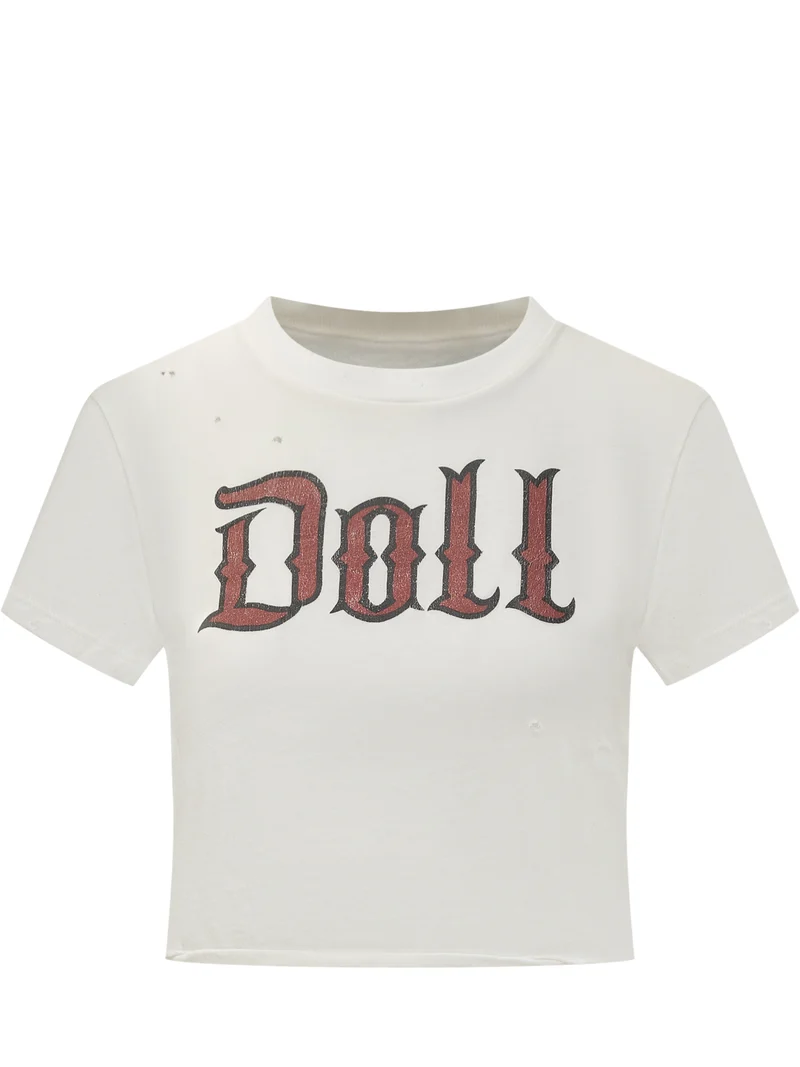 Dolce & Gabbana T-Shirt Crop Bianca con Stampa Doll