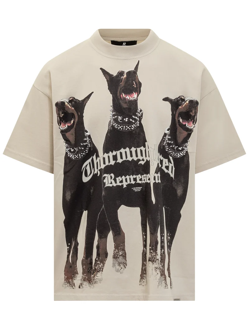 Represent T-Shirt Beige con Stampa Dobermann