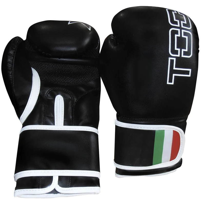 Guanti boxe LEOPARD in ecopelle neri da 8 oz. a 16 oz. con polsino tricolore