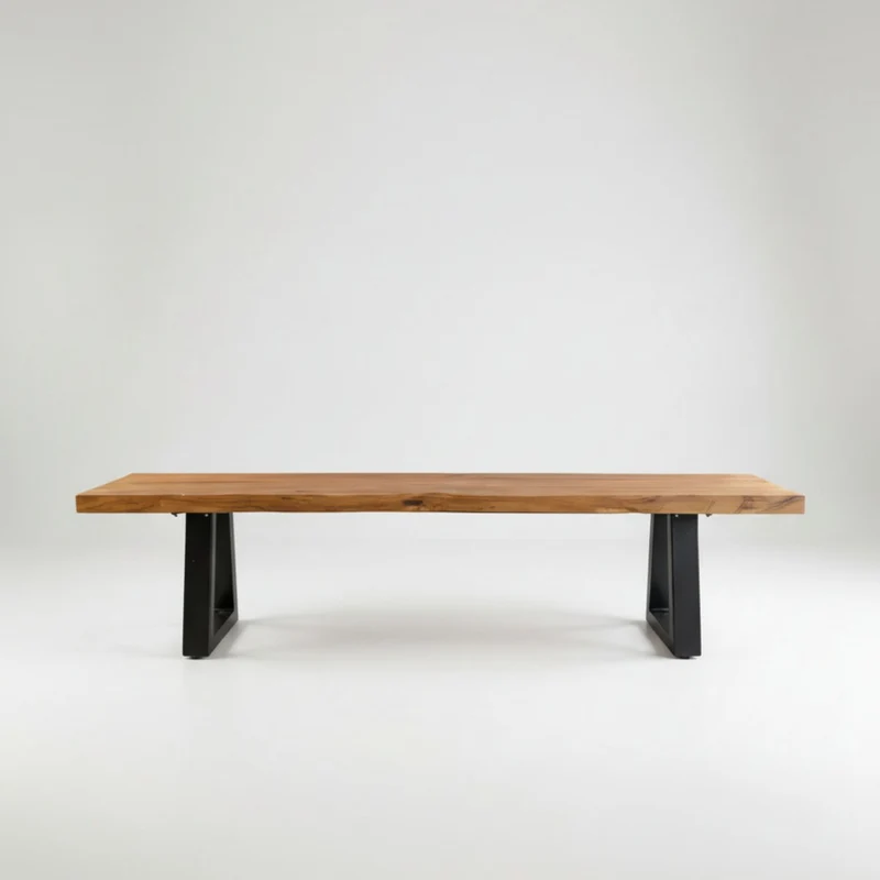 Teak Bench with Iron Legs - Natural Wood Outdoor Seating - 280cm
