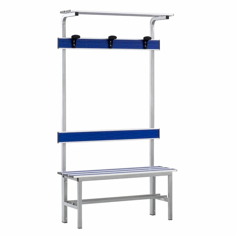 Panca spogliatoio in alluminio con seduta, schienale, appendiabiti e pianoborse 1 mt inserto pvc blu Vivisport