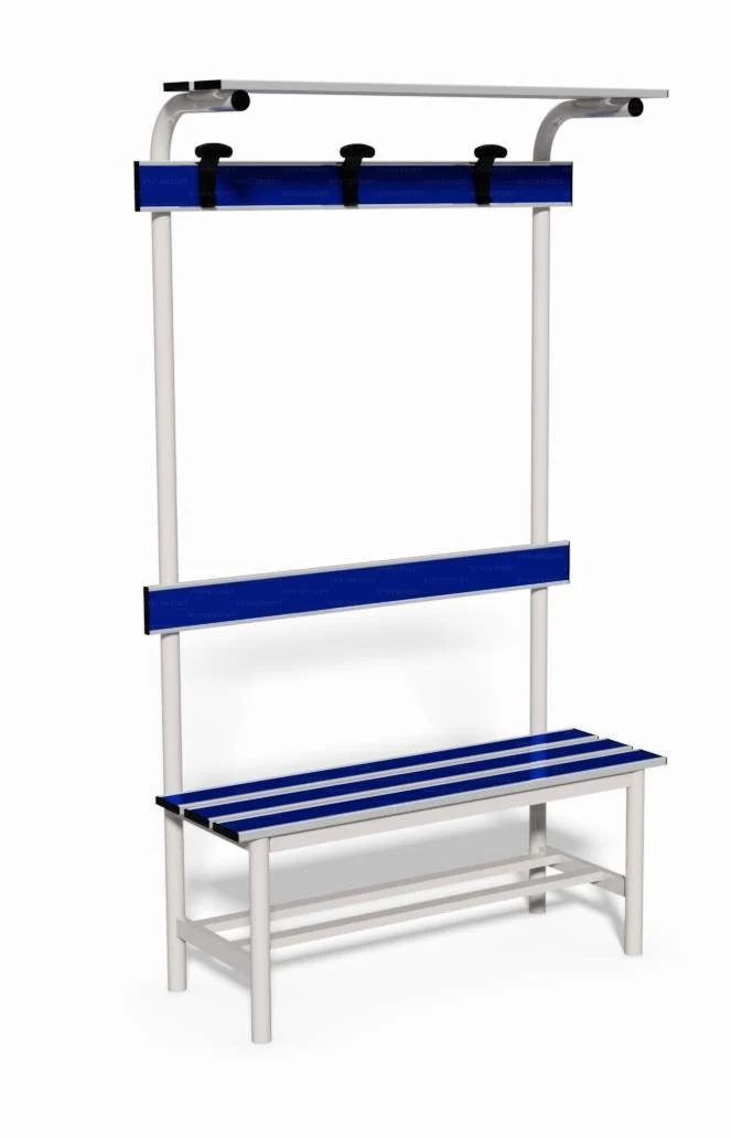 Panca spogliatoio con seduta, schienale, appendiabiti e pianoborse 1 mt tubo rotondo inserto in pvc blu Vivisport