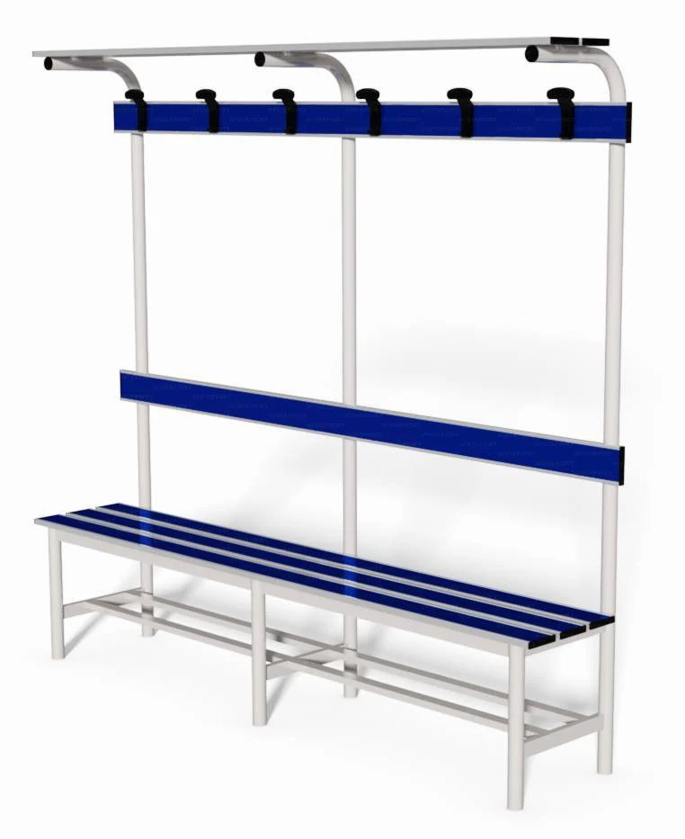 Panca spogliatoio con seduta, schienale, appendiabiti e pianoborse 2 mt tubo rotondo inserto in pvc blu Vivisport
