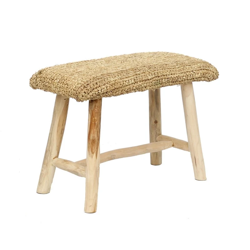 Teak Raffia Bench - Natural Woven Accent Bench for Indoors