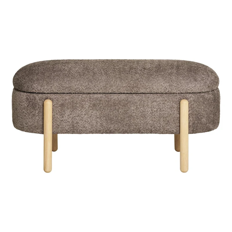 Bouclé Storage Bench - Brown Polyester & Natural Wood, 98cm