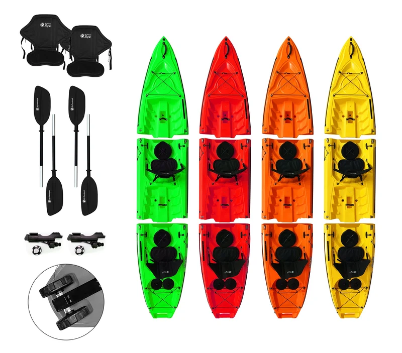 Kayak smontabile Split 2 Fishing Big Mama kayak con 2 ruote e 2 gavoni, 2 seggiolini, 2 pagaie, 2 porta canne