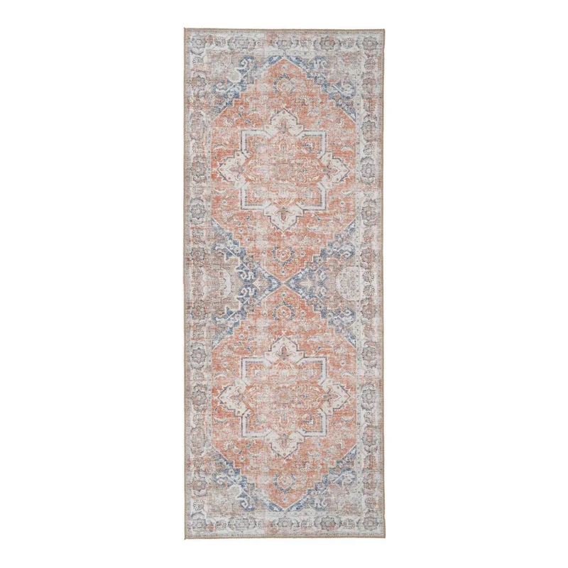 Chenille Hallway Runner - Blue & Orange Ornate Design, 80x200 cm