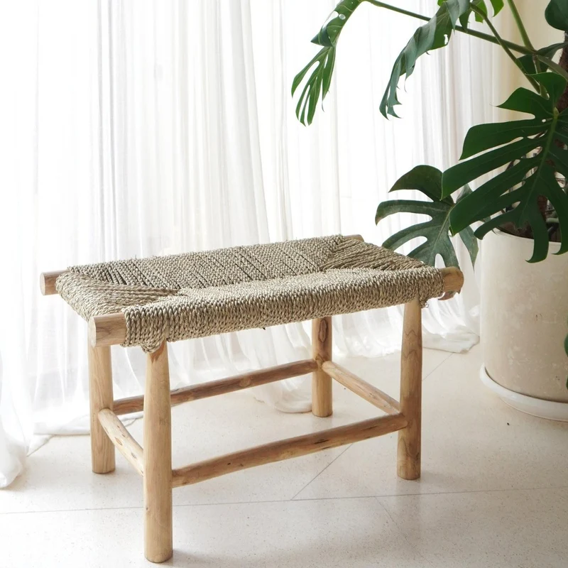 Teak & Seagrass Bench - Handwoven Accent Furniture