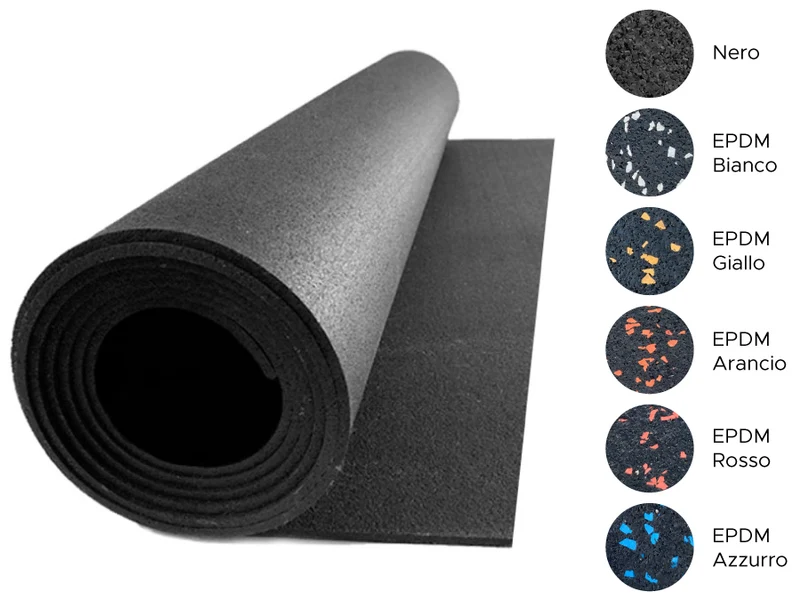 Pavimentazione sportiva in rotolo o tappeti ROTOLO NERO DA 600 x 105 cm Sport Roll ANTITRAUMA 10 mm granuli di gomma SBR tappeti da 100x100x1 cm