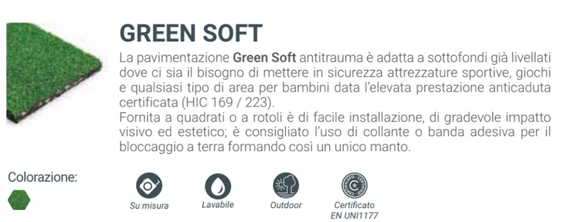 GREEN SOFT Protezioni di sicurezza in morbida gomma espansa con rivestimento in erba sintetica.