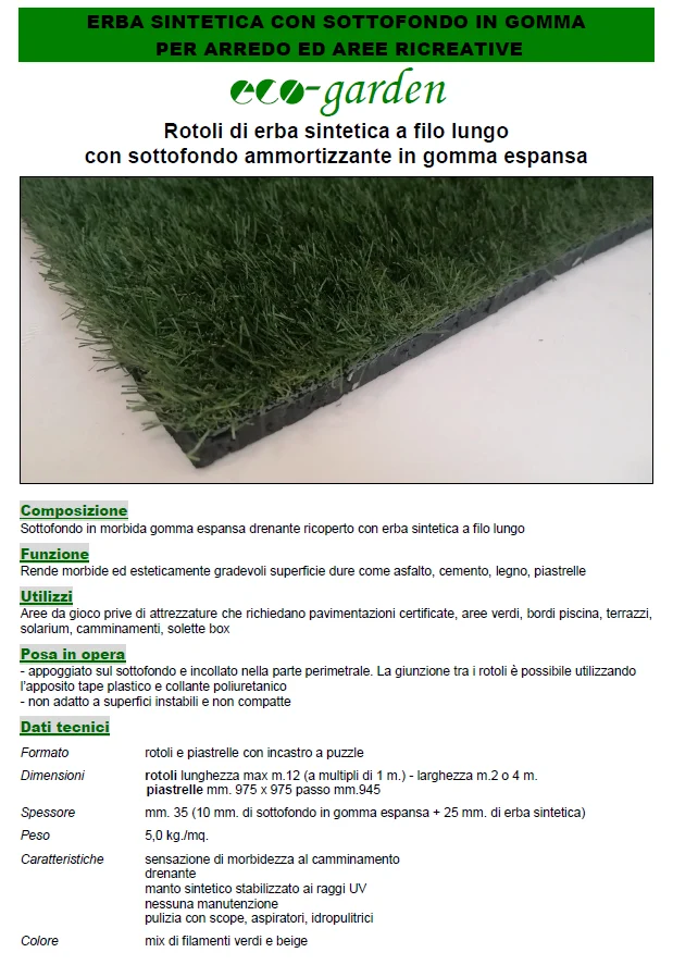 ECO-GARDEN Rotoli di erba sintetica a filo lungo con sottofondo ammortizzante in gomma espansa