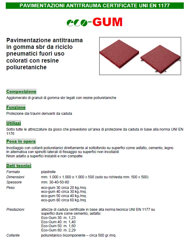 Eco-Gum Pavimentazione antitrauma in gomma sbr da riciclo pneumatici fuori uso colorati con resine poliuretaniche
