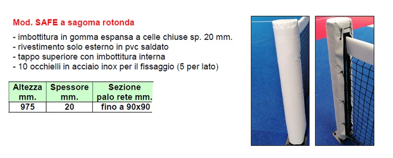 Protezioni PADEL Modello SAFE e ELITE con rivestimento in pvc lavabile per ingressi e pali rete dei campi da padel