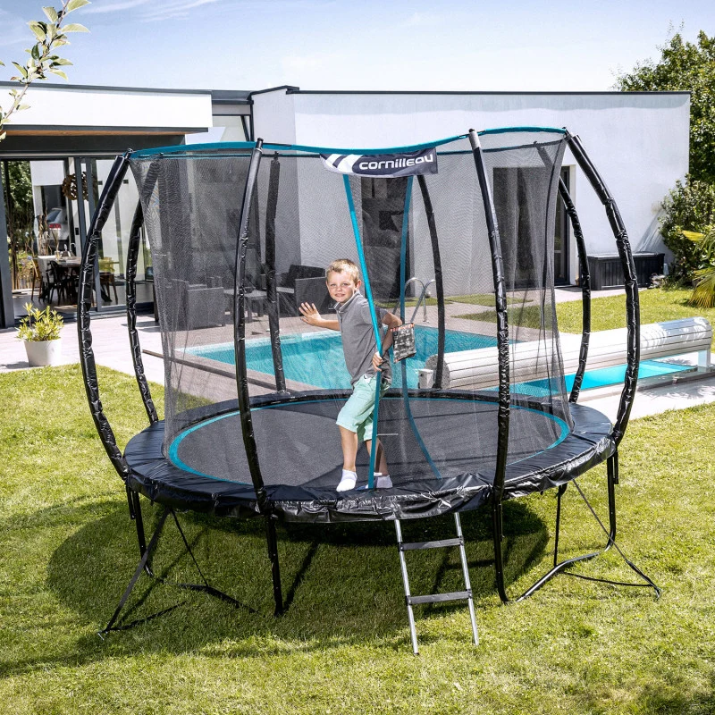 Trampolino Spring Cornilleau Inclusi i suoi dispositivi di protezione progettati in modo intelligente (rete, materassino protettivo, pali curvi)