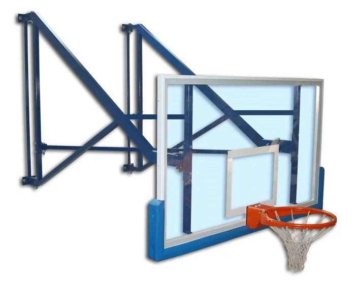 Impianto basket a muro chiudibile lateralmente, tabelloni in cristallo temperato sbalzo cm 225 Art. S04060
